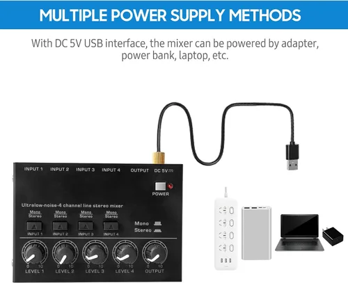 Vista 6 de Mezclador estéreo de línea de 4 canales de ruido ultra bajo 4 entradas 1 salida DC 5V mini mezclador de audio portátil micrófono guitarra bajo