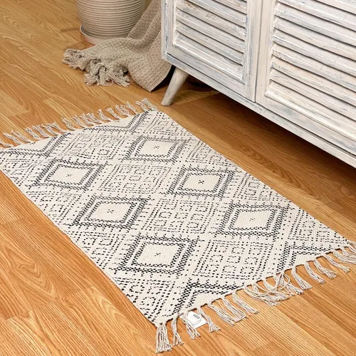 Vista 8 de Chardin home Alfombra bohemia con diamantes de 20 x 32 pulgadas, color marfil y negro, con flecos tejidos a mano, perfecta para entrada, felpudo