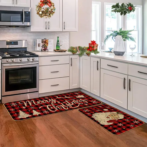 Vista 5 de Juego de 2 tapetes de cocina de Navidad, copos de nieve y Papá Noel, alfombras de cocina antideslizantes para fiestas de vacaciones y decoración