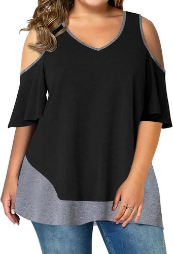 Vista 2 de AMCLOS Camiseta de manga corta con cuello en V y hombros descubiertos para mujer, talla grande, túnica casual de verano