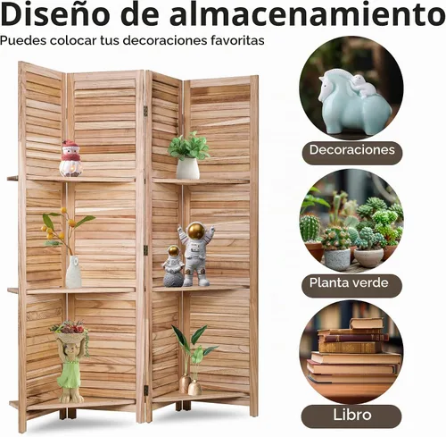 Vista 5 de [Usado] FDW Divisor de habitación de 4 paneles plegable de madera de privacidad con tres estantes inteligentes, divisor de madera portátil