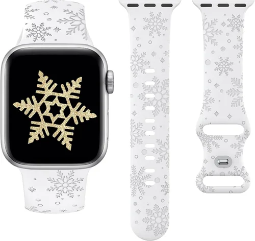 Vista 18 de Wearlizer - Correa con copos de nieve de Navidad grabada compatible con Apple Watch de 41/38/40/42/45/44/46/49 mm, correa deportiva de silicona Negro