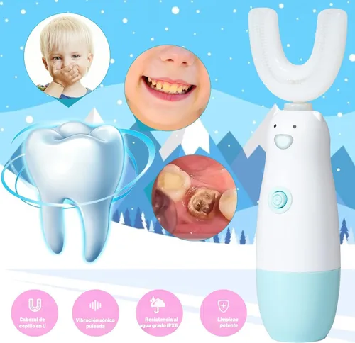 Vista 2 de Cepillo de dientes eléctrico en forma de U para niños Meqtpomy, cepillo de dientes para niños pequeños impermeable con batería, cepillos de dientes