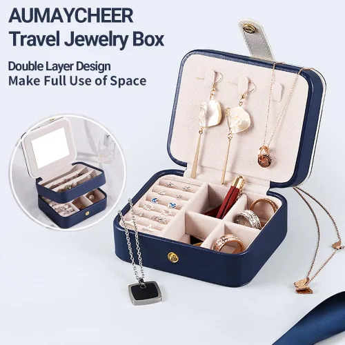 Vista 2 de AUMAYCHEER Joyero de viaje con espejo, organizador de almacenamiento de 2 capas para mujeres y niñas, pequeño soporte de exhibición de piel