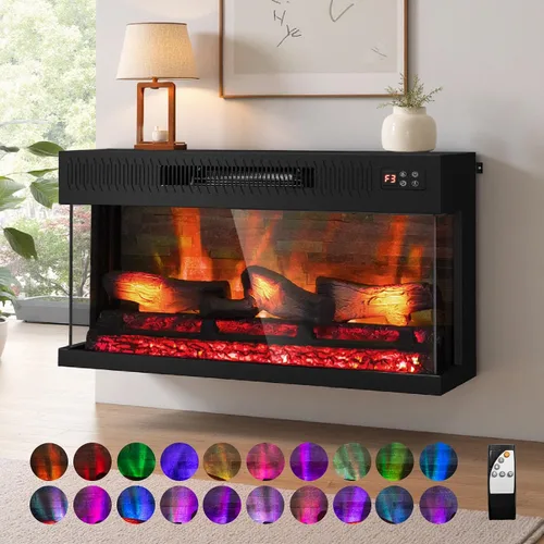 Vista 2 de Bonnlo Chimenea eléctrica de vidrio de 3 caras de 28 pulgadas de ancho con aplicación y control remoto, calentador de chimenea falso realista con 6