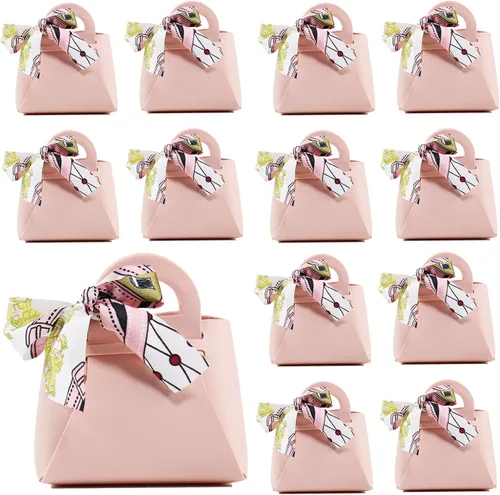 Vista 14 de LPEIEB Paquete de 12 Bolsas de Regalo Tipo Candy Bag de Cuero con Cinta, Bolsas de Regalo de Boda de PU con Asa de Cinta, Cajas de Favor de Fiesta