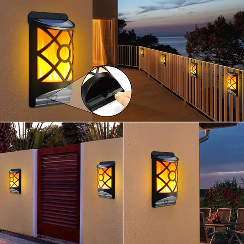 Vista 2 de Luces solares de llama para exteriores, luces solares de pared parpadeantes, 66 LED, impermeable, encendido/apagado automático, decoración