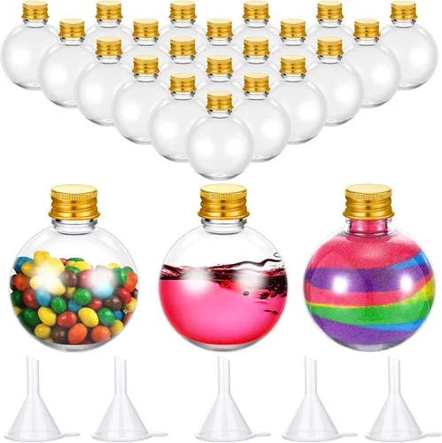 Vista 10 de Layhit 24 botellas esféricas de plástico con forma de bola, botellas redondas de 3.4 onzas, tarro de arena con 5 embudos decorativos, tarro de Negro