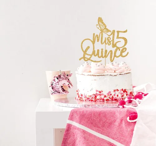 Vista 3 de Mis Quince Decoración para tartas con purpurina dorada, decoración de cumpleaños número 15, feliz 15 años, Cheers to 15 años, 1 unidad, amarillo