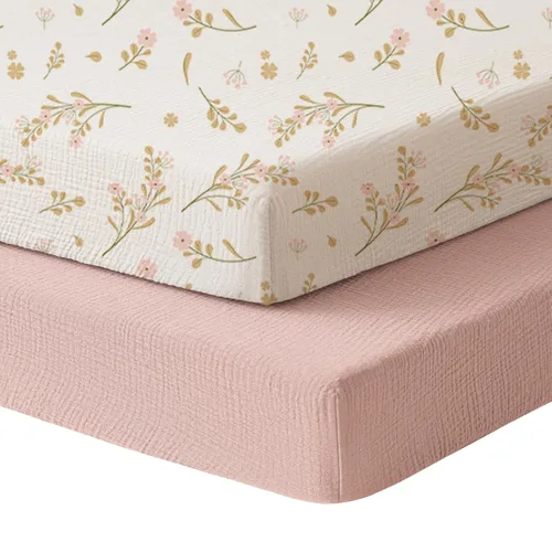 Vista 21 de Konssy Sábanas de Muselina para Cuna para Niña y Niño, 2 Piezas de Sábanas de Bebé de Algodón Suave y Transpirable para Colchón de Cuna Estándar