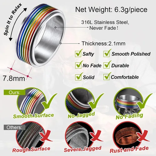 Vista 6 de FaithHeart Anillos para ansiedad LGBT Pride Rainbow, acero inoxidablechapado en oro de 18 quilates, joyería de amor es amor para hombres y mujeres