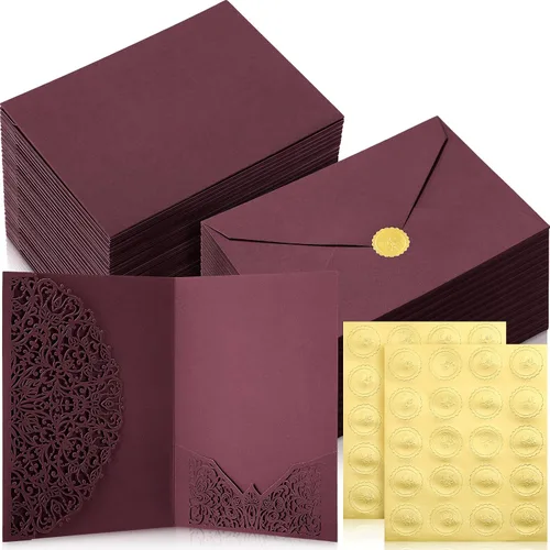 Vista 7 de PerKoop Juego de 100 invitaciones de boda cortadas con láser de 5 x 7 pulgadas con sobres y calcomanías de sello de cera, kit de tarjetas