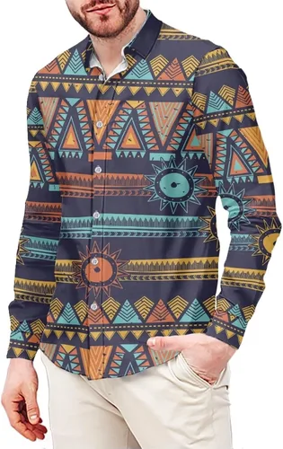 Vista 10 de Camisas aztecas grandes y altas para hombre, diseño étnico azteca tribal del suroeste, camiseta delgada de manga larga con botones