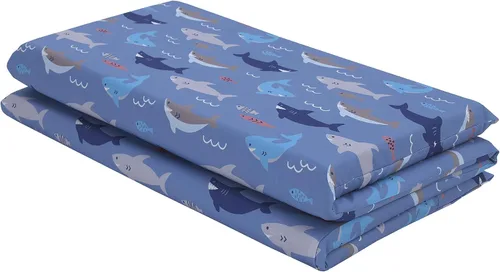 Vista 2 de Everything Kids - Sábana para siesta preescolar preescolar con diseño de tiburón, pescado, azul océano y gris