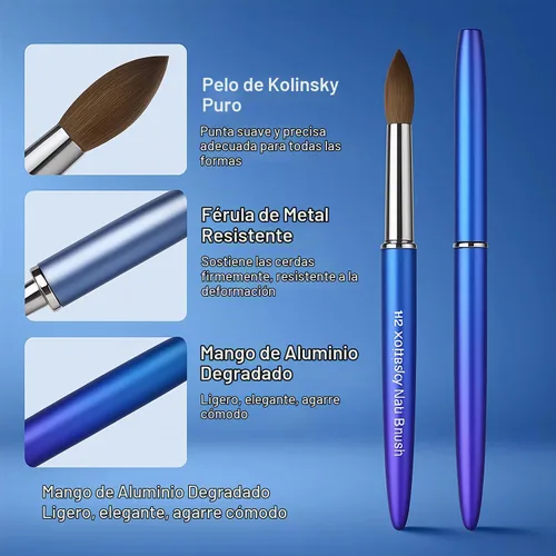 Vista 7 de Kolinsky - Brochas acrílicas para uñas 100% puras, punta ovalada prensada para polvo acrílico, mango de metal azul degradado, cepillo profesional