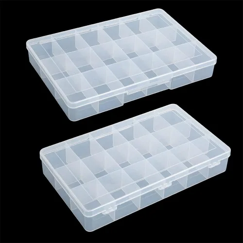 Vista 5 de Paquete de 2 cajas fijas de plástico transparente con compartimento de 18 rejillas, organizador transparente con tapa para cuentas, botón, hardware