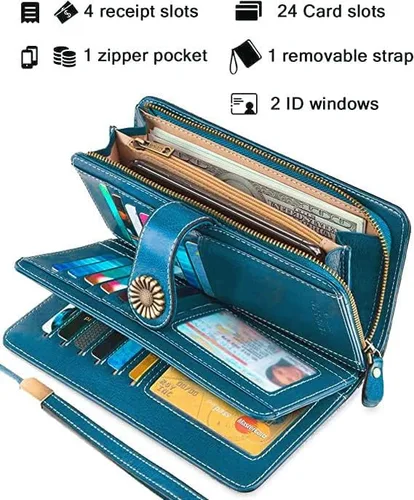 Vista 3 de Large Capacity RFID Blocking Genuine Leather Wallets for Women with Wristlet Trifold Ladies Billfold with Zipper by UMODE