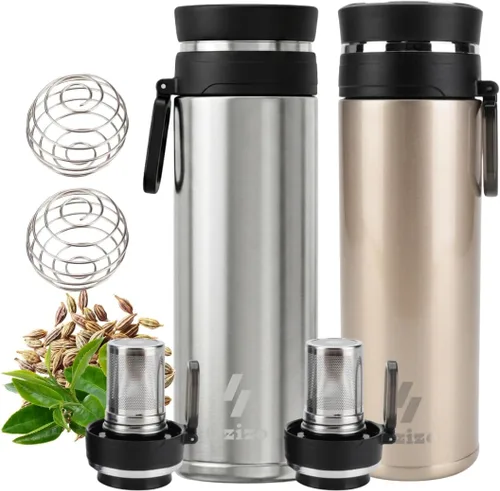 Vista 8 de Ozizo Paquete de 2 botellas infusoras de té para té de hojas sueltas Infusor de hierbas de acero inoxidable de 18 onzas Botella de agua con Azul