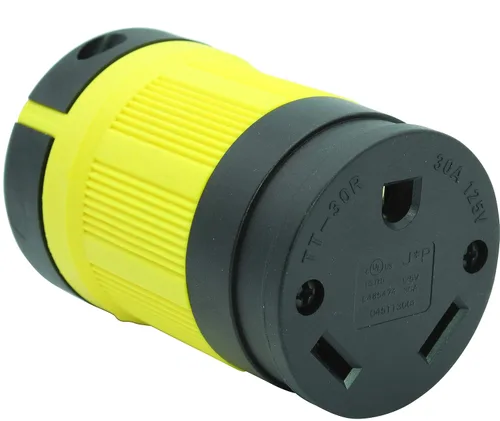 Vista 6 de NEMA TT-30R, 30 amperios, 125 voltios, conector hembra de remolque RV de hoja recta, grado industrial negro/amarillo, generador de conexión a tierra