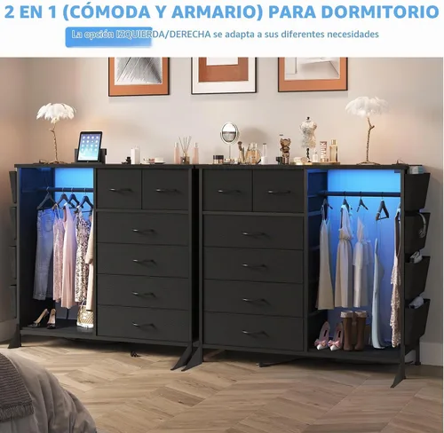 Vista 4 de Cómoda de 6 cajones para dormitorio con perchero para ropa, cómoda para ropa con bolsillos laterales y ganchos, estación de carga y luces LED, parte