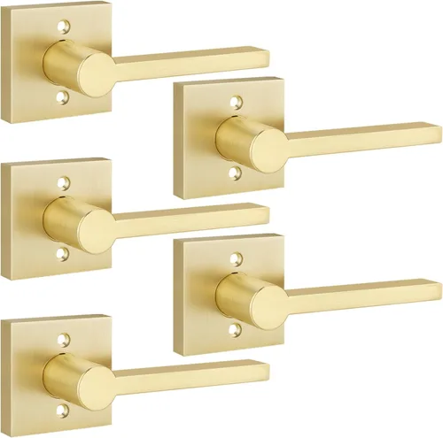 Vista 23 de EHOMEWARE Juego de manijas dobles para puerta delantera, paquete de 1 manija de puerta cuadrada de latón satinado, combinación de perilla de puerta