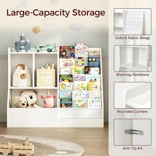 Vista 6 de MAHANCRIS Estantería y almacenamiento de juguetes para niños de 39.4 pulgadas, estante de 7 capas para libros, estantería para niños, estantería