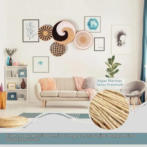 Vista 3 de Juego de 4 cestas redondas de ratán hechas a mano para colgar, decoración de pared para el hogar, sala de estar, dormitorio, casa de campo costera