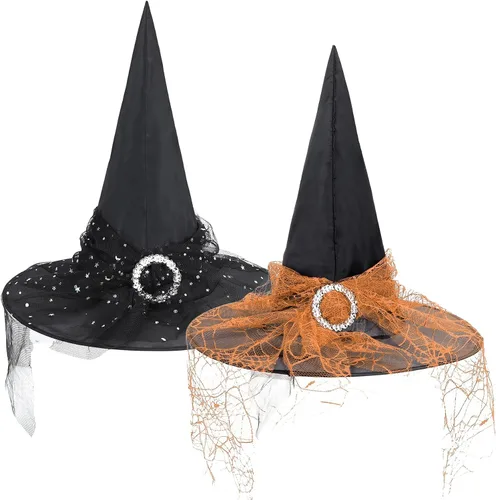 Vista 8 de Zando Sombreros de bruja de encaje para mujer, accesorios de disfraz de Halloween, accesorios de disfraz de bruja plegables para colgar