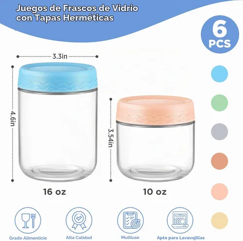 Vista 2 de DRKIO Recipientes de avena de 10 y 16 onzas con tapas, paquete de 6 tarros de vidrio con tapas herméticas, tarros de comida masón de boca ancha 10
