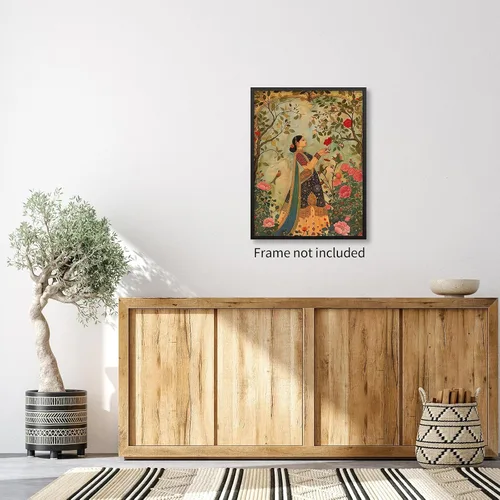 Vista 4 de Haitunone Arte de pared de mujer india paquistaní tradicional, póster de pintura floral feminista estilo mogol, impresiones en lienzo para sala