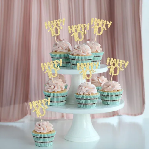 Vista 4 de Gyufise Paquete de 24 adornos dorados para cupcakes número 10 para celebrar cumpleaños de 10 años, bodas, aniversarios, fiestas, suministros