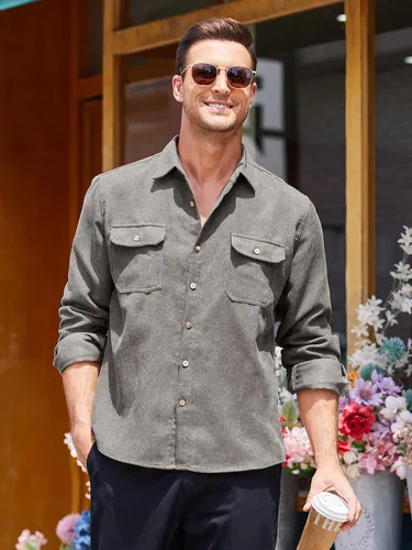 Vista 3 de COOFANDY Camisa de pana para hombre, casual, con botones, chaqueta ligera