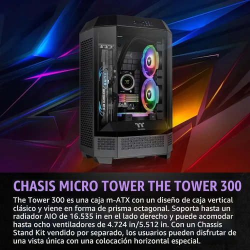 Vista 2 de Thermaltake Carcasa micro ATX negra Tower 300; ventilador CT de 0.079 x 5.512 in incluido; soporta radiador de hasta 16.535 in; kit de soporte
