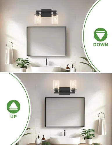 Vista 3 de L LOHAS LED Lámparas de baño negras de 2 luces, accesorios de iluminación modernos sobre espejo con pantalla de vidrio transparente, luces