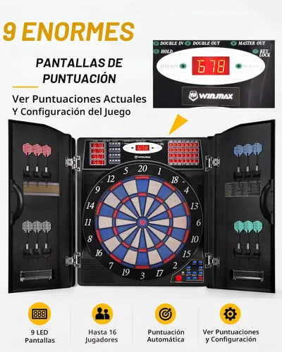 Vista 2 de WIN.MAX Electronic Dart Board Cabinet Set for Adults, Black Plateado