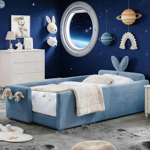 Vista 12 de Cama de suelo tapizada con valla, cama de piso tamaño individual con Beige
