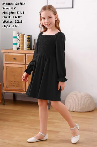 Vista 4 de GORLYA Vestido midi acampanado de manga abombada cuello cuadrado bohemio con volantes fruncido fruncido y acampanado 4-14 años