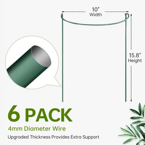 Vista 2 de JOYSEUS Paquete de 6 estacas de soporte para plantas, estacas de metal para plantas de jardín, anillo de soporte de plantas medio redondo verde