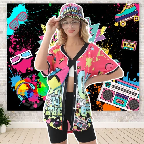 Vista 5 de Traje de los años 80 y 90 para mujer, camiseta de béisbol, pantalones cortos, riñonera, disfraz de fiesta retro, accesorios de representante
