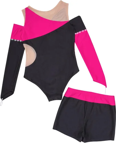Vista 6 de JEATHA Conjunto de 2 piezas de leotardo de gimnasia de manga larga con hombros descubiertos y pantalones cortos atléticos para niñas