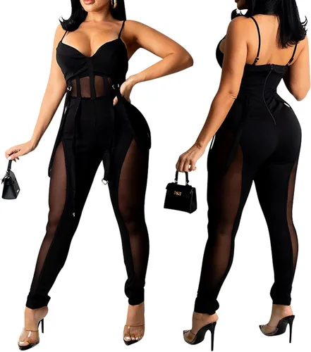 Vista 3 de Uni Clau Overol sexy de una pieza con tirantes delgados para mujer, overol de malla con retazos traslúcidos, pantalones largos para fiesta, club