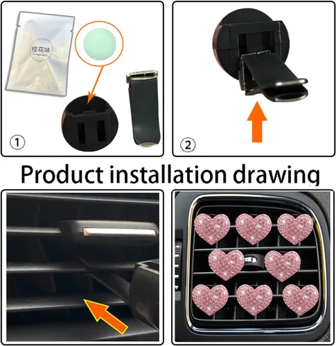 Vista 7 de 8 clips de ventilación con forma de corazón brillante, ambientadores de aire de corazón de cristal, clip de ventilación de diamantes de imitación