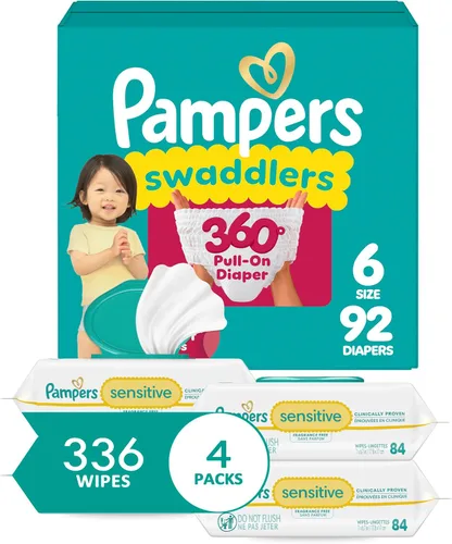 Vista 20 de PAMPERS Swaddlers 360 - Pañales con sistema de ajuste, talla 3, 156 unidades, con toallitas para bebé sensibles, 4 paquetes con tapa abatible