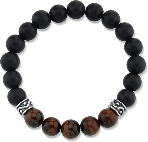 Vista 2 de SPARTAN Brazalete de cuentas para hombre con ágata negra mate y varias gemas con conectores de plata de ley 925, 0.394 in