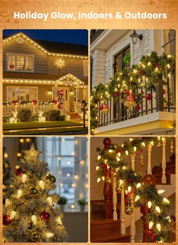 Vista 6 de Luces de Navidad C9 para exteriores, 114 pies, 150 luces LED C9 con temporizador y 8 modos de luz, luces impermeables de grado comercial conectables