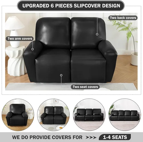 Vista 4 de Vctops - Funda elástica de 6 piezas para sofá biplaza reclinable, de cuero sintético impermeable, protector de muebles antideslizante con borde Negro