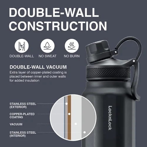 Vista 4 de LocknLock Trek Botella de acero inoxidable con aislamiento de doble pared, 24 onzas, color negro