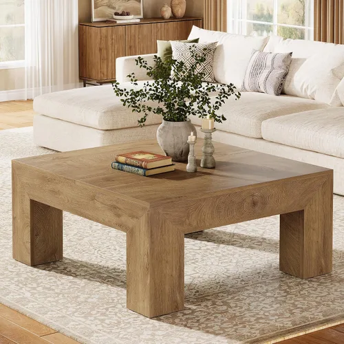 Vista 9 de Tribesigns Mesa auxiliar cuadrada de 39.4 pulgadas para sala de estar, mesa de cóctel central de decoración de granja con patas de madera