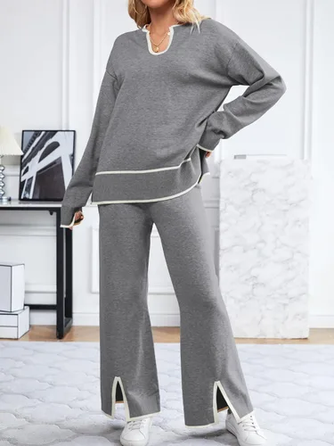 Vista 2 de SuperPrity Conjunto de 2 piezas de suéter para mujer, con cuello de muesca, manga larga, suéter de punto y pierna ancha