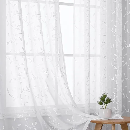 Vista 54 de VISIONTEX 2 paneles de cortinas traslúcidas de 63 in de largo, cortinas de gasa semitransparentes bordadas con hojas florales beige, bolsillo